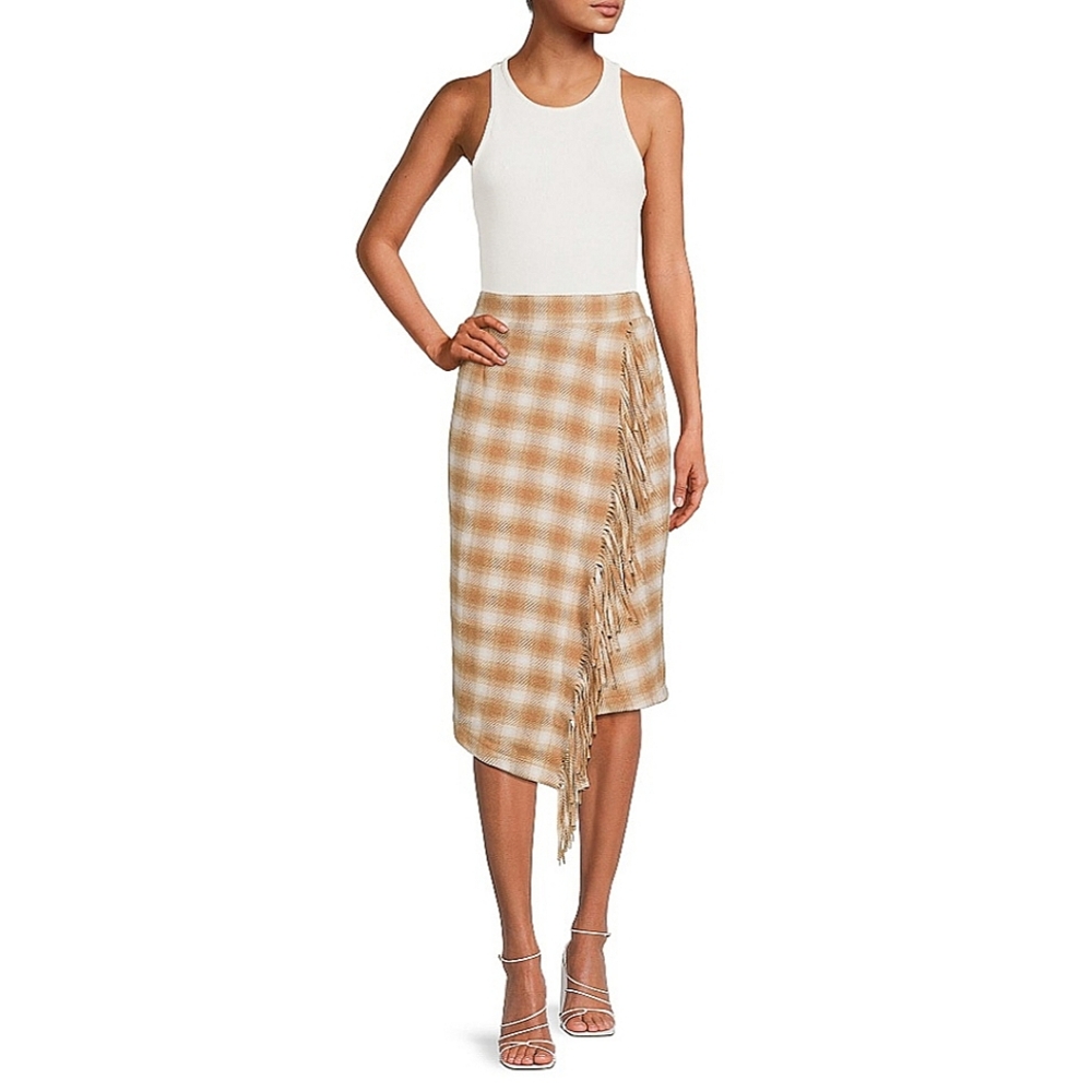 Time and Tru Plaid Fringed Faux-Wrap Midi Skirt - Wool Blend - XXL 20